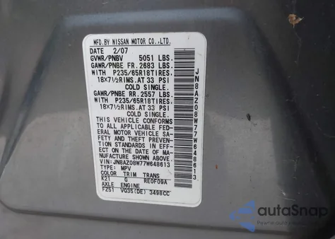 2007 Nissan Murano Sl z USA, uszkodzony, nr VIN JN8AZ08W77W648613